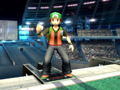 The Pokémon Trainer in the background, controlling Ivysaur in battle