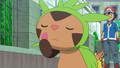 Chespin's green arm and brown tail