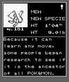 A print of Mew's Crystal Pokédex entry