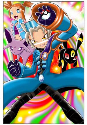 Wes (Leo) in the centre, holding a Poké Ball. His Espeon and Umbreon beside him. Behind him is Rui (Mirei). The background is multi-coloured swirls.