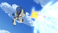 Ash's Pikachu battling a Sawk Black—Victini and Reshiram