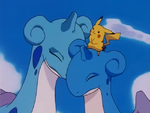 Ash's Lapras when young, its mother, and Ash's Pikachu