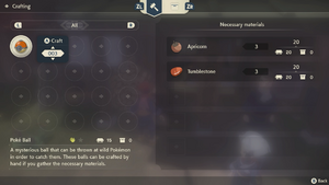 The Crafting interface, featuring a Hisuian Poké Ball, a red stone called Tumblestone, and Apricorns.