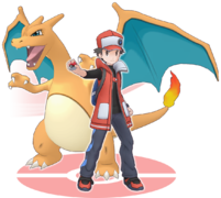 Artwork of Sygna Suit Red and his Charizard in Pokémon Masters EX