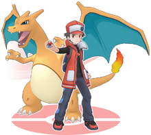 Artwork of Sygna Suit Red and his Charizard in Pokémon Masters EX