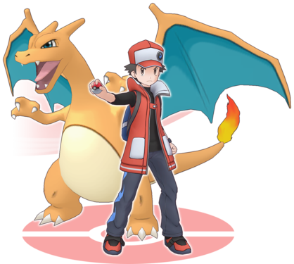 Artwork of Sygna Suit Red and his Charizard in Pokémon Masters EX