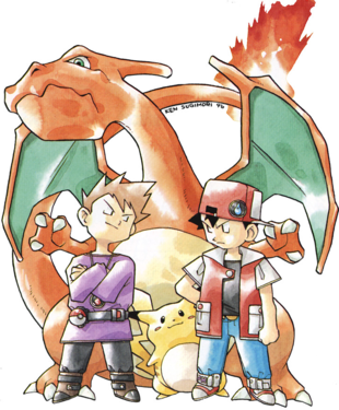 Early artwork with Blue, Charizard and Pikachu