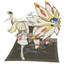 Artwork of Lillie and Nebby (as Solgaleo) for a merchandise line.